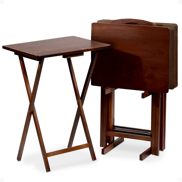 PJ Wood Folding TV Tray Tables with Compact Storage Rack, Walnut, 5 Piece Set