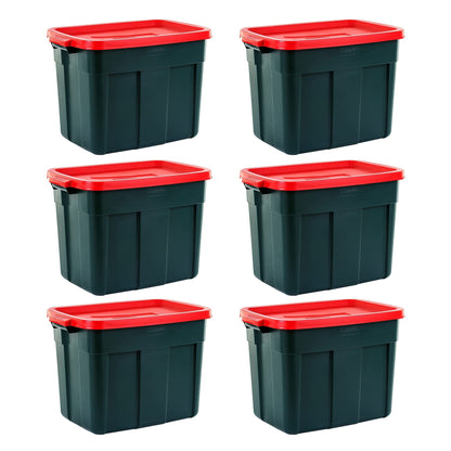 Rubbermaid Roughneck 18 Gal Plastic Holiday Storage Tote, Green and Red (6 Pack)