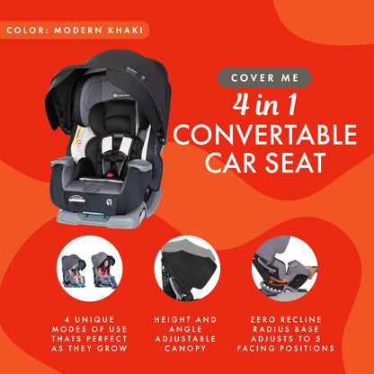 Baby Trend Cover Me 4 in 1 Convertible Car Seat with Adjustable Canopy, Black