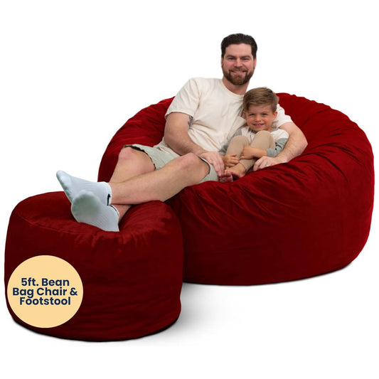 Ultimate Sack 5ft Bean Bag Chair and Footstool Oversized Lounger, Burgundy Suede