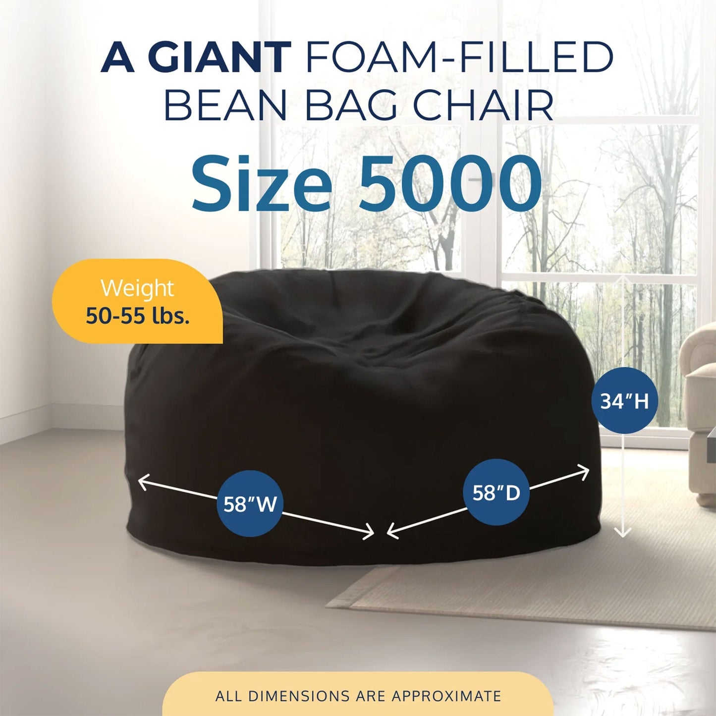 Ultimate Sack 5 Foot Foam Filled Washable Fur Covered Bean Bag Chair, Charcoal