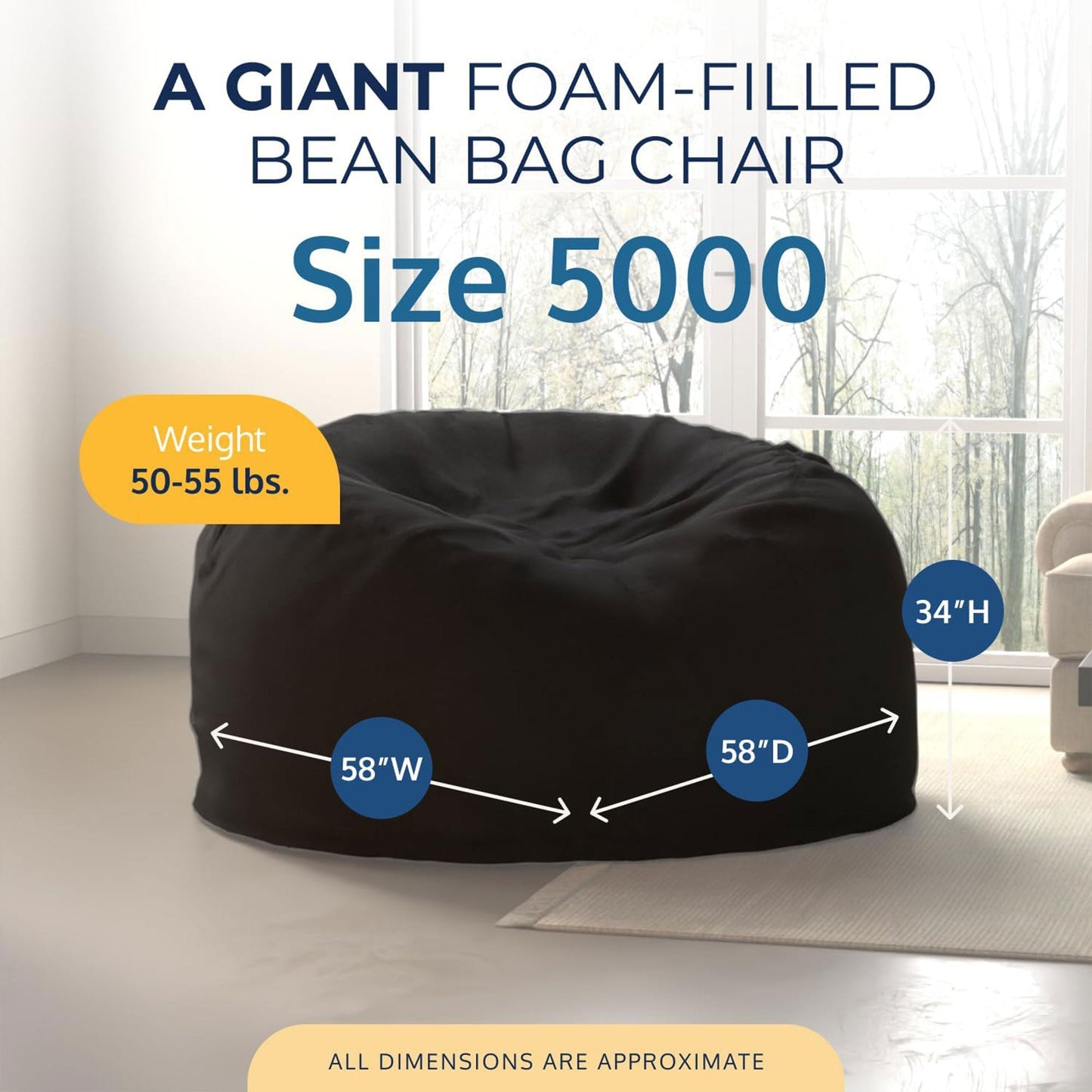Ultimate Sack 5 Ft Foam Filled Fur Covered Bean Bag Chair w/Footstool, Charcoal