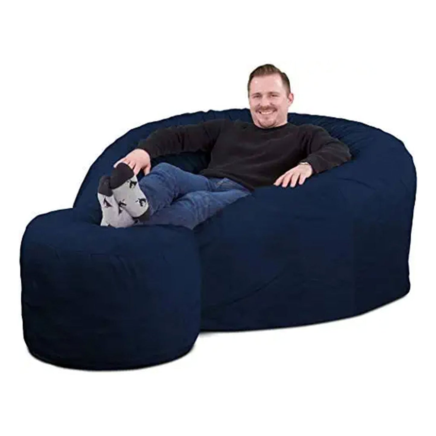 Ultimate Sack 5ft Bean Bag Chair and Footstool, Oversized Lounger, Navy Suede