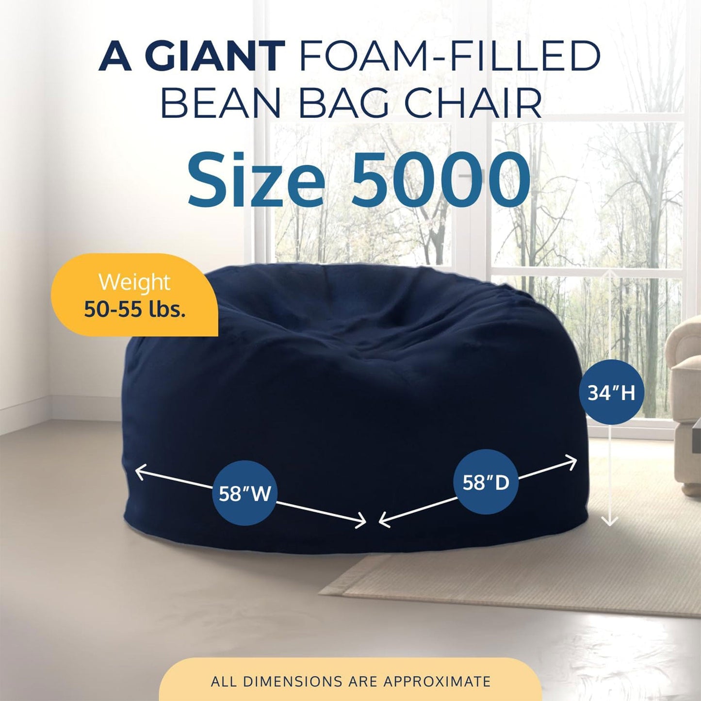 Ultimate Sack 5ft Bean Bag Chair and Footstool, Oversized Lounger, Navy Suede