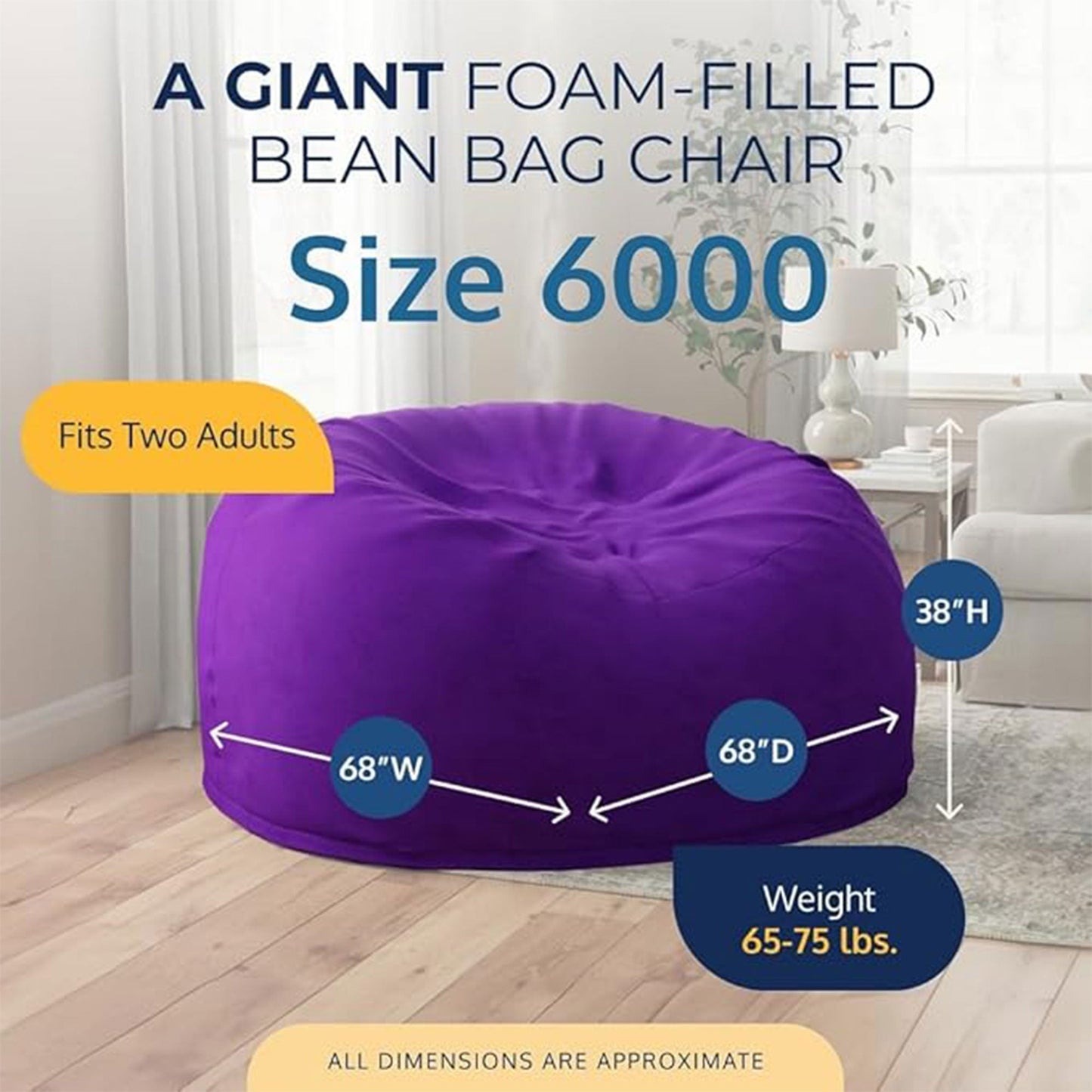 Ultimate Sack 6ft Bean Bag Chair, Oversized Indoor Comfy Lounger, Purple Suede