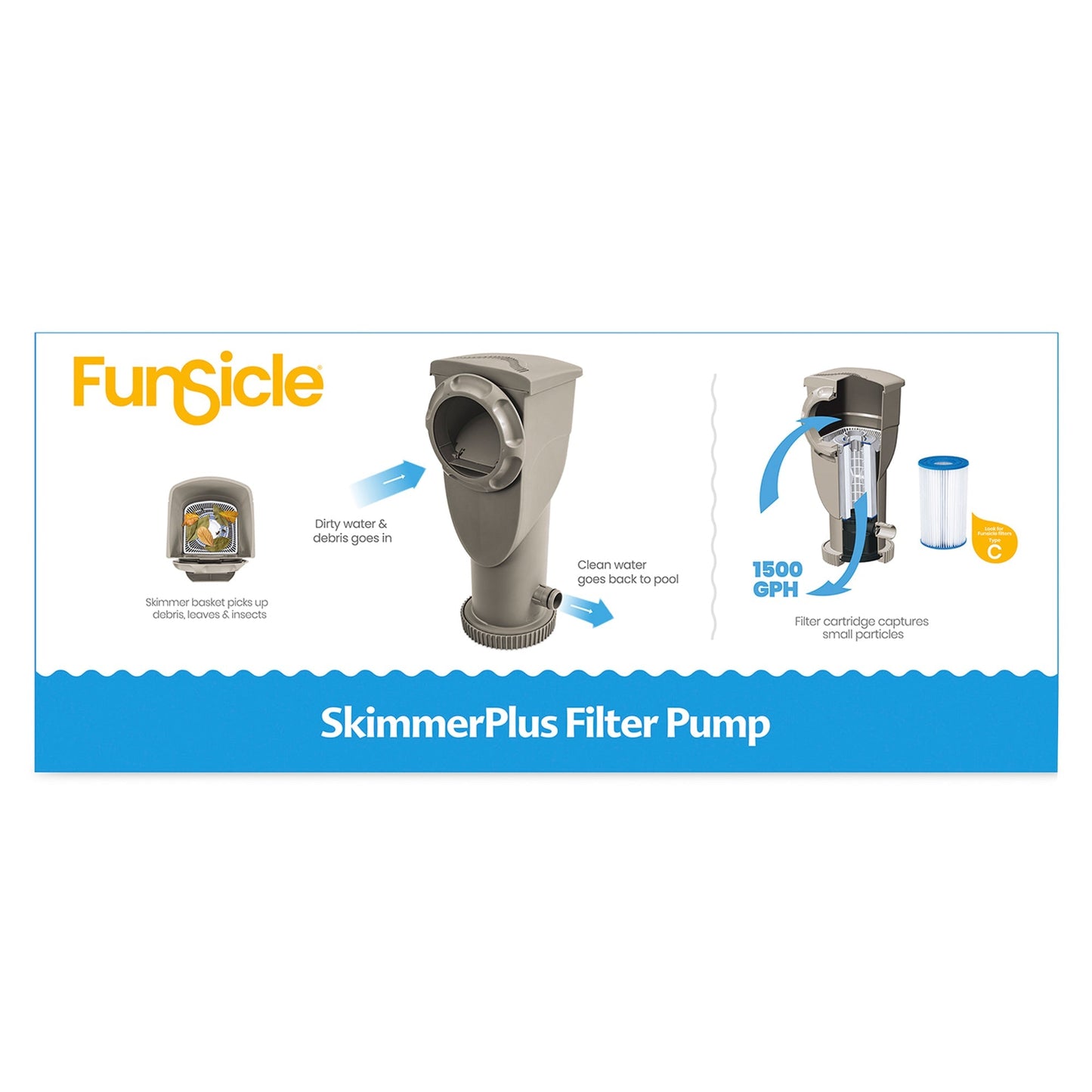 Funsicle 1500 Gallon SkimmerPlus Filter Pump System for Above Ground Pool, Gray