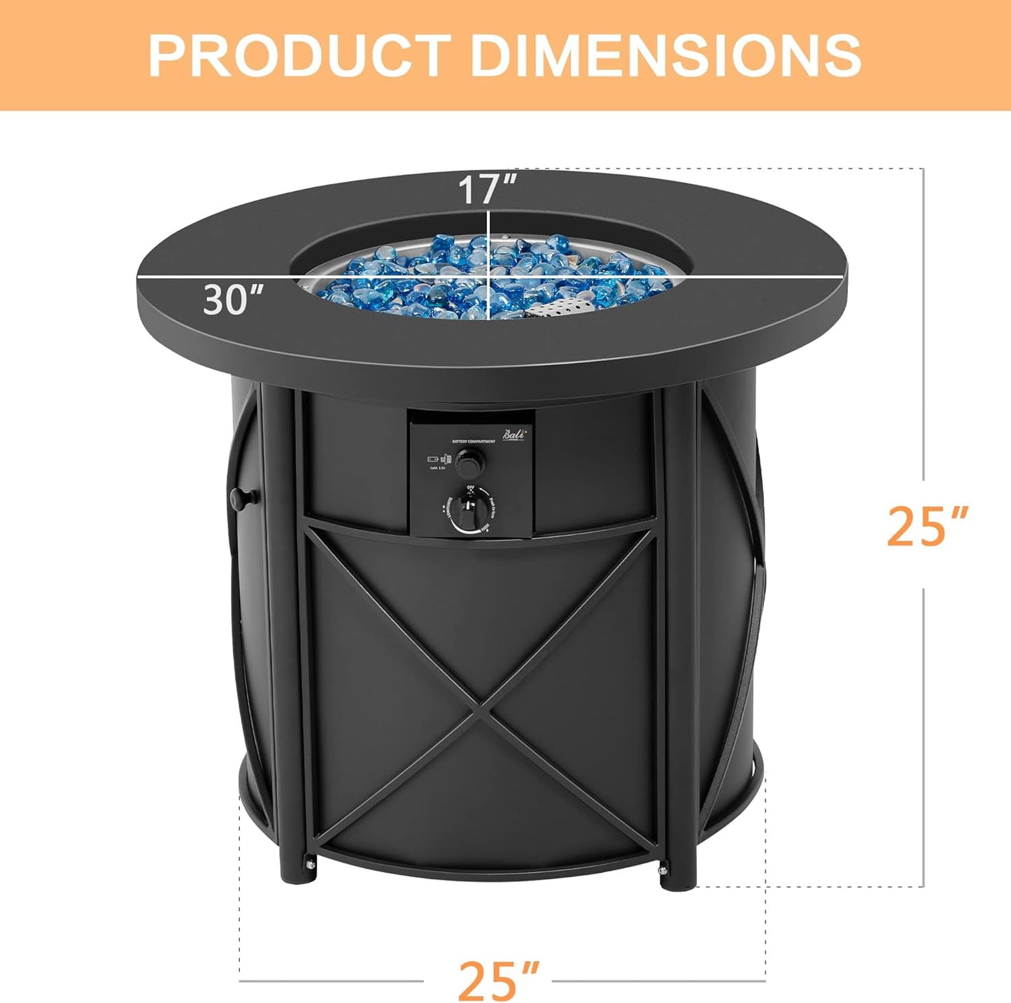 Bali Outdoors 30" Round Gas Fire Pit Table 50000 BTU Fire Column for Outside Backyard, Patio, Black