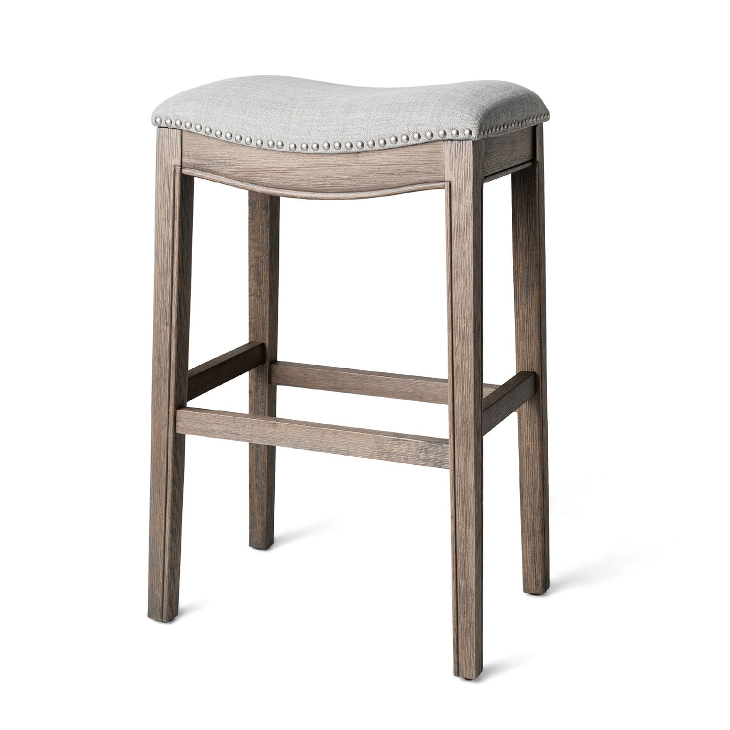 Maven Lane Adrien Saddle Bar Stool in Reclaimed Oak Finish w/ Ash Grey Fabric Upholstery
