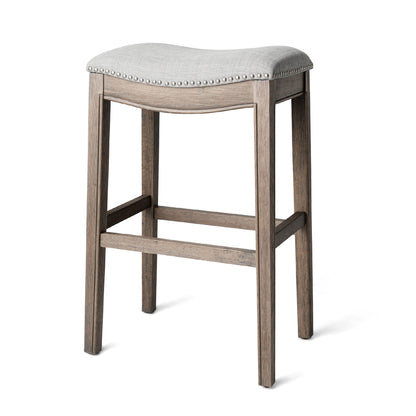 Maven Lane Adrien Saddle Bar Stool in Reclaimed Oak Finish w/ Ash Grey Fabric Upholstery