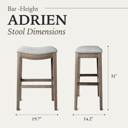 Maven Lane Adrien Saddle Bar Stool in Reclaimed Oak Finish w/ Ash Grey Fabric Upholstery