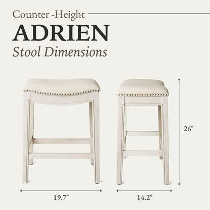 Maven Lane Adrien Saddle Counter Stool in White Oak Finish w/ Natural Fabric Upholstery, Set of 4