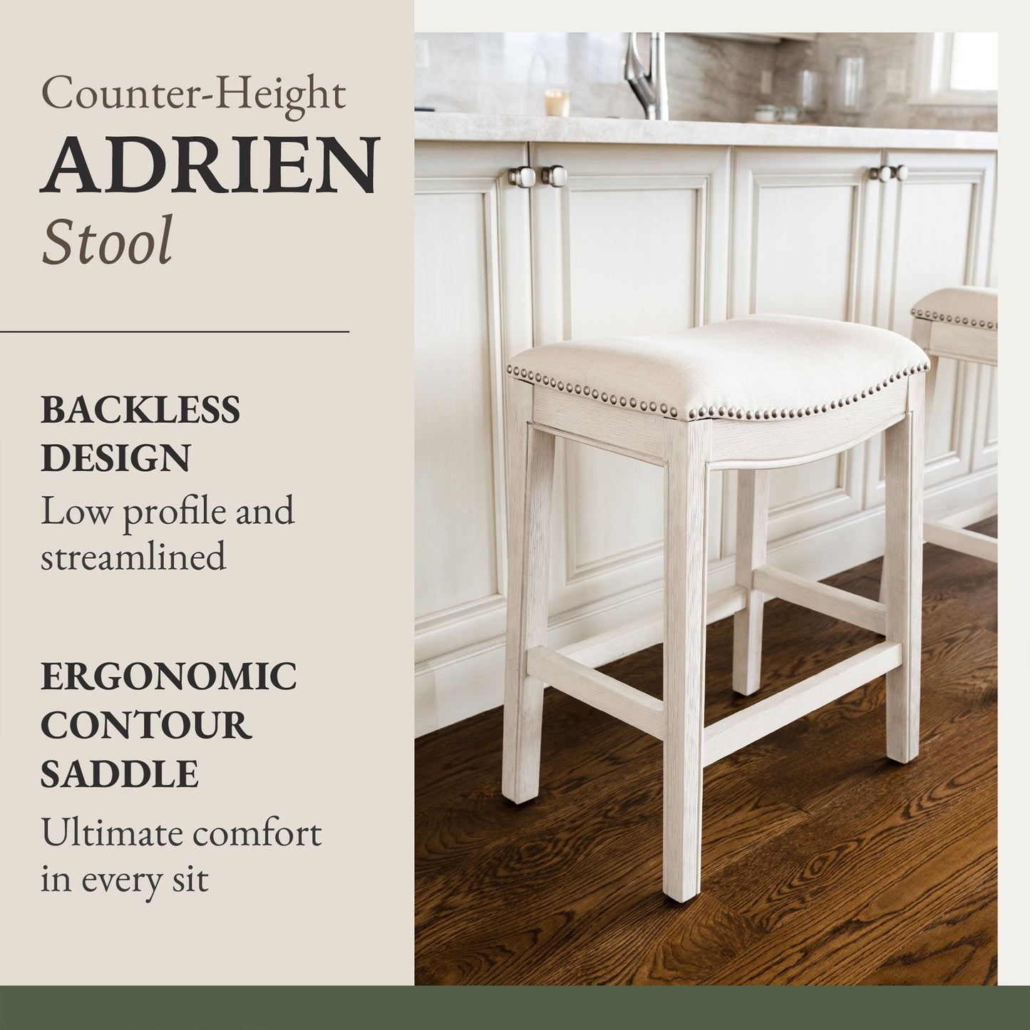 Maven Lane Adrien Saddle Counter Stool in White Oak Finish w/ Natural Fabric Upholstery, Set of 4