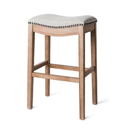 Maven Lane Adrien Saddle Bar Stool in Weathered Oak Finish w/ Sand Color Fabric Upholstery