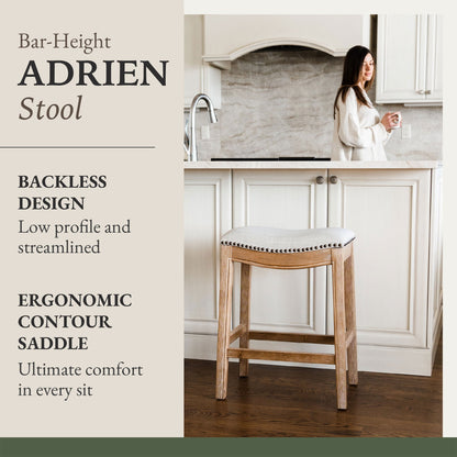 Maven Lane Adrien Saddle Bar Stool in Weathered Oak Finish w/ Sand Color Fabric Upholstery