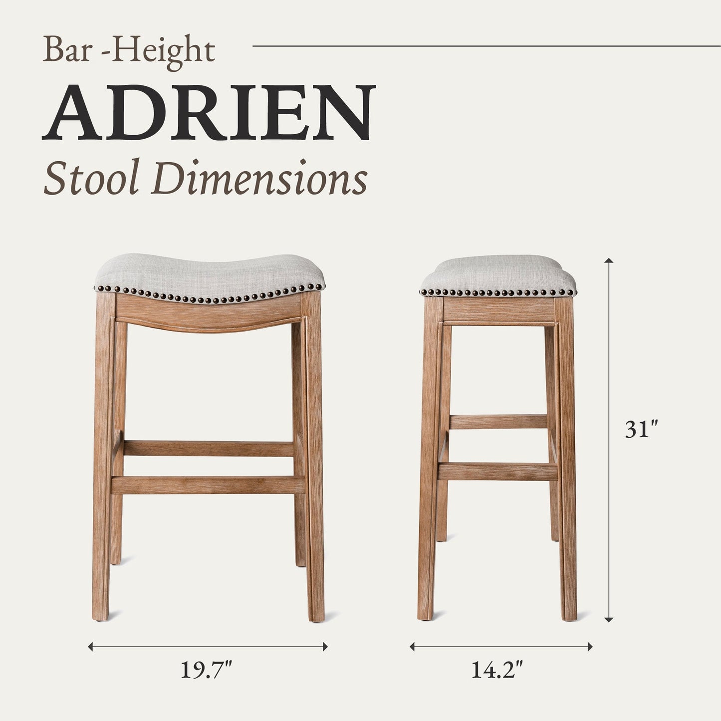 Maven Lane Adrien Saddle Bar Stool in Weathered Oak Finish w/ Sand Color Fabric Upholstery