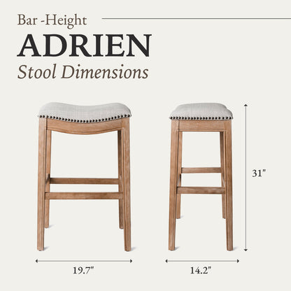 Maven Lane Adrien Saddle Bar Stool in Weathered Oak Finish w/ Sand Color Fabric Upholstery