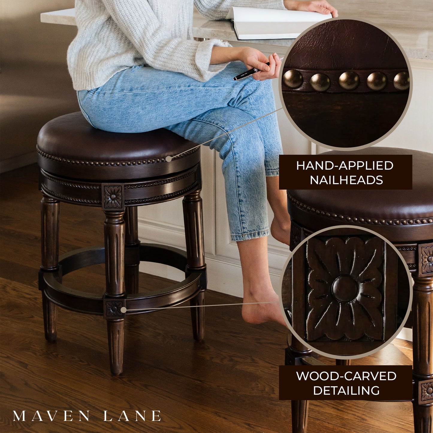 Maven Lane Pullman Backless Bar Stool in Dark Walnut Finish with Vintage Brown Vegan Leather, Set of 3