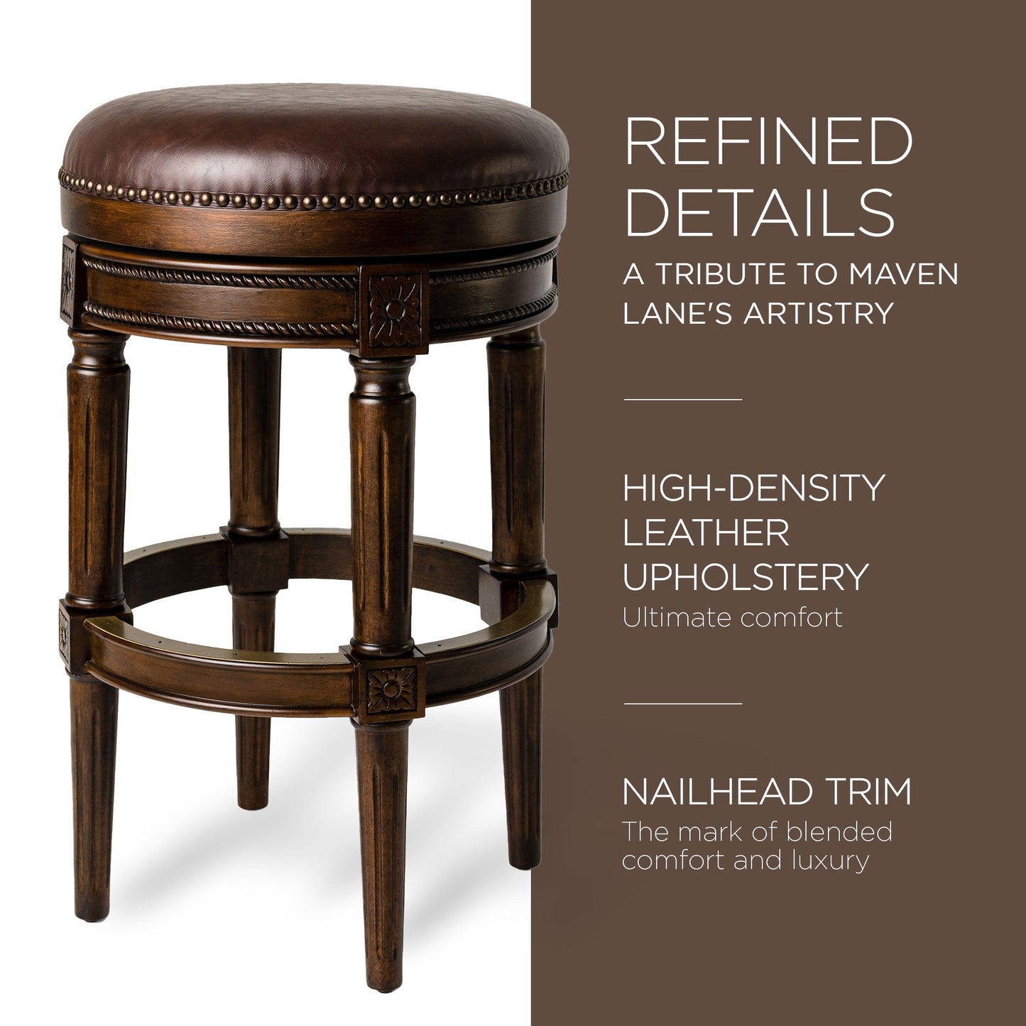 Maven Lane Pullman Backless Bar Stool in Dark Walnut Finish with Vintage Brown Vegan Leather