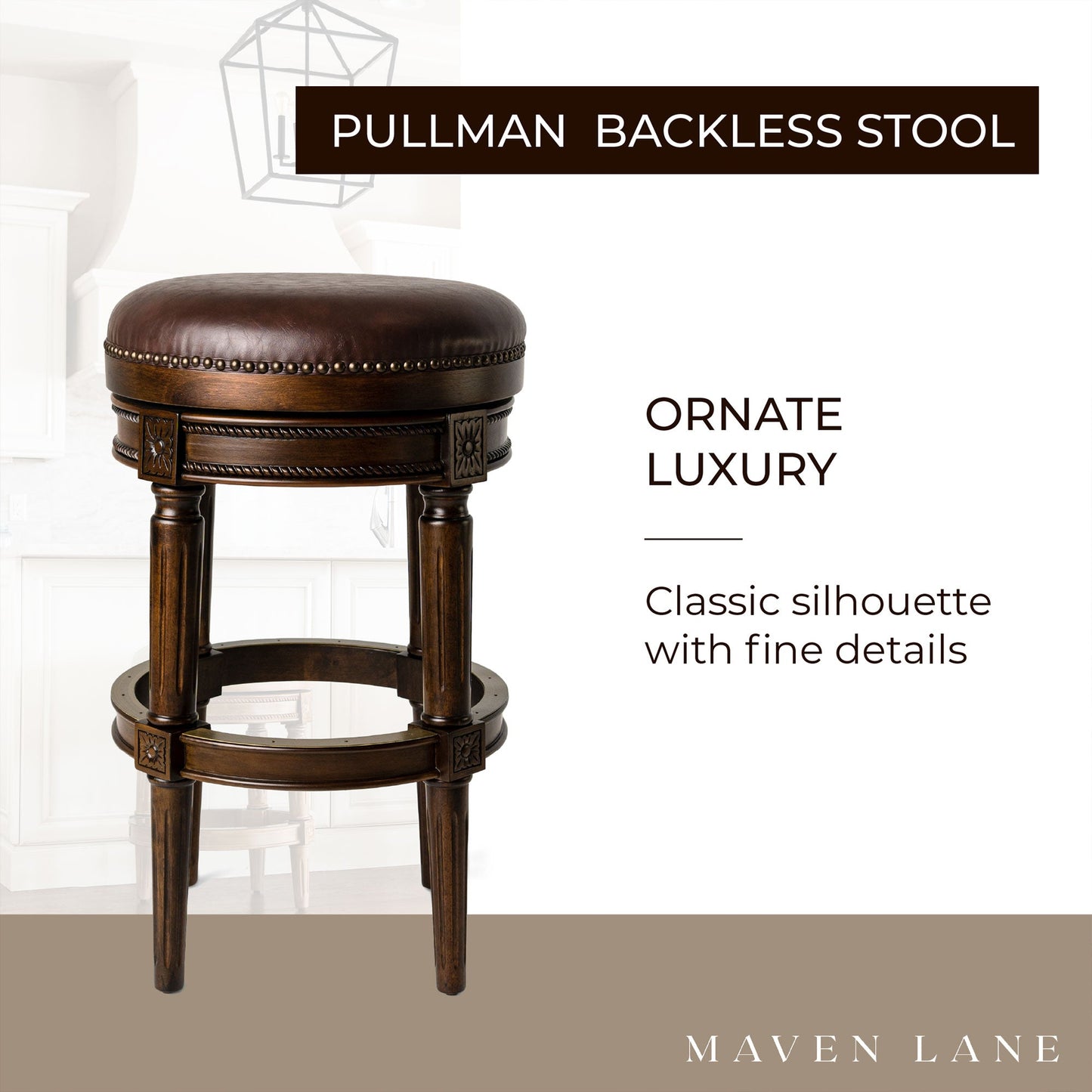 Maven Lane Pullman Backless Bar Stool in Dark Walnut Finish with Vintage Brown Vegan Leather, Set of 3