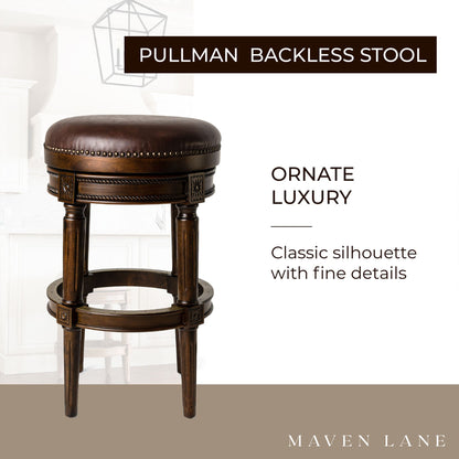 Maven Lane Pullman Backless Bar Stool in Dark Walnut Finish with Vintage Brown Vegan Leather, Set of 3