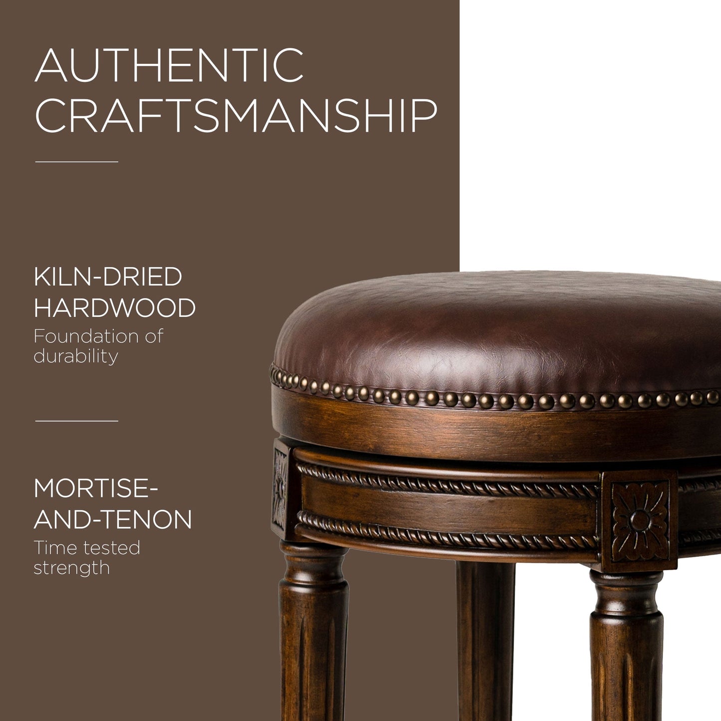 Maven Lane Pullman Backless Bar Stool in Dark Walnut Finish with Vintage Brown Vegan Leather