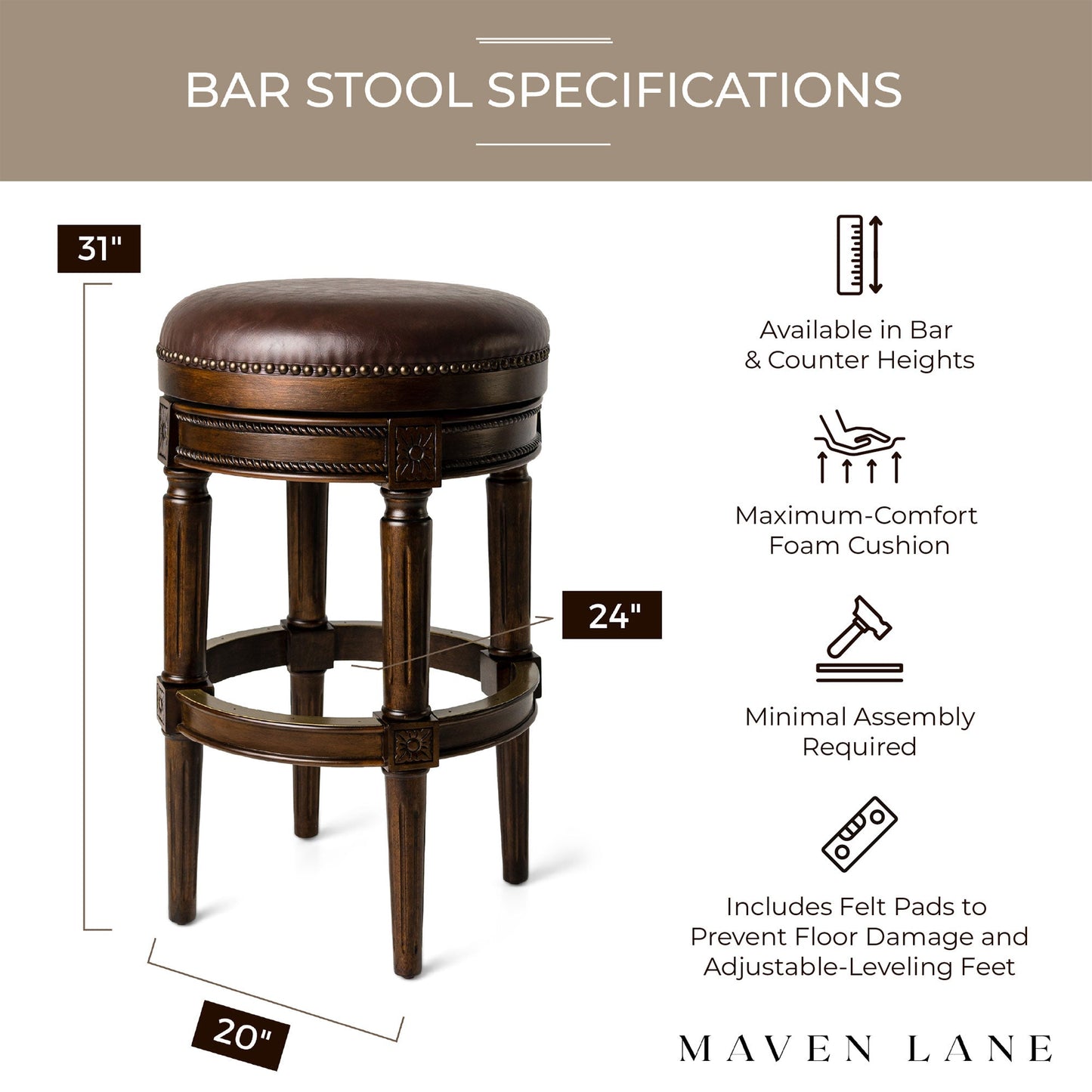 Maven Lane Pullman Backless Bar Stool in Dark Walnut Finish with Vintage Brown Vegan Leather, Set of 3