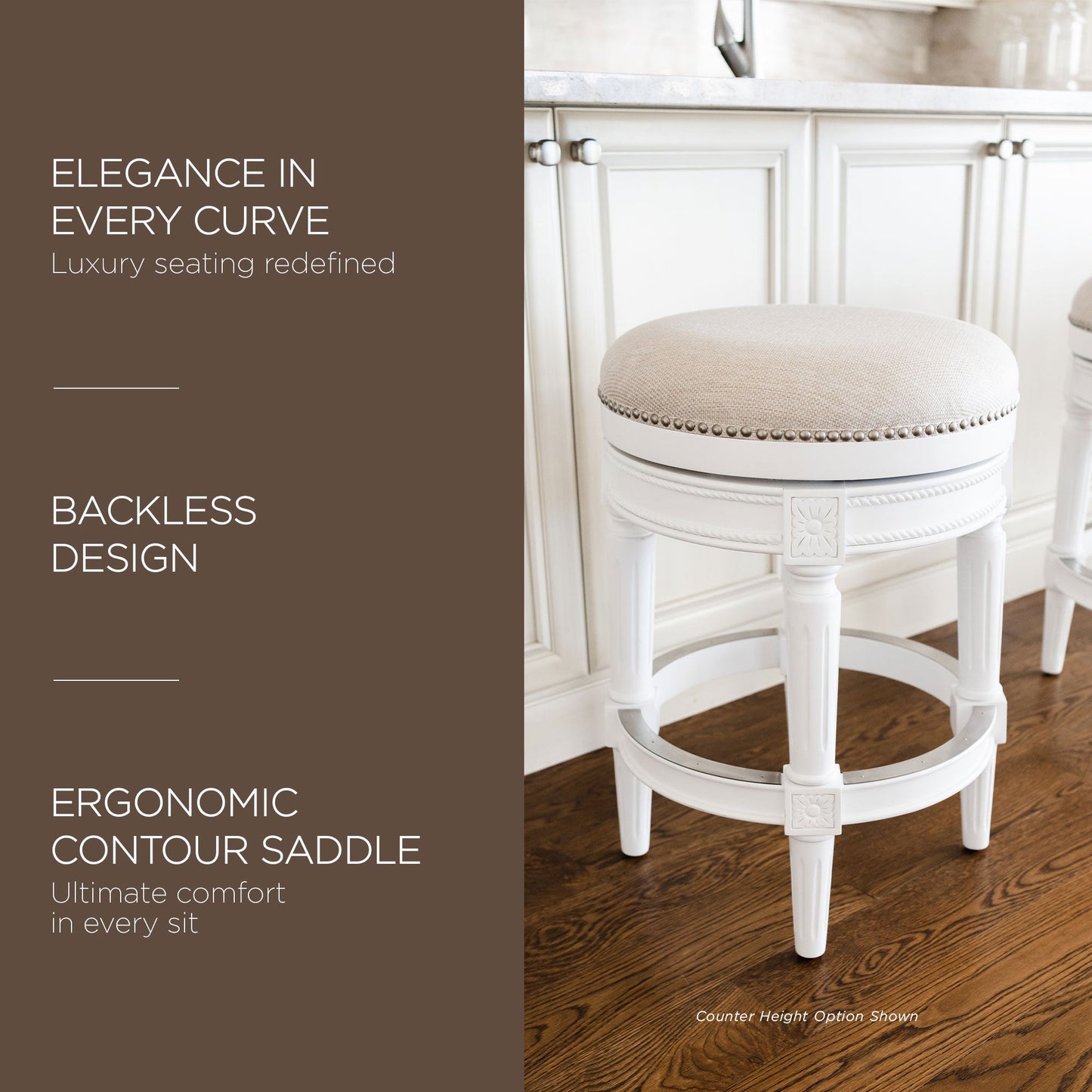 Maven Lane Pullman Backless Bar Stool in Alabaster White Finish w/ Cream Fabric Upholstery