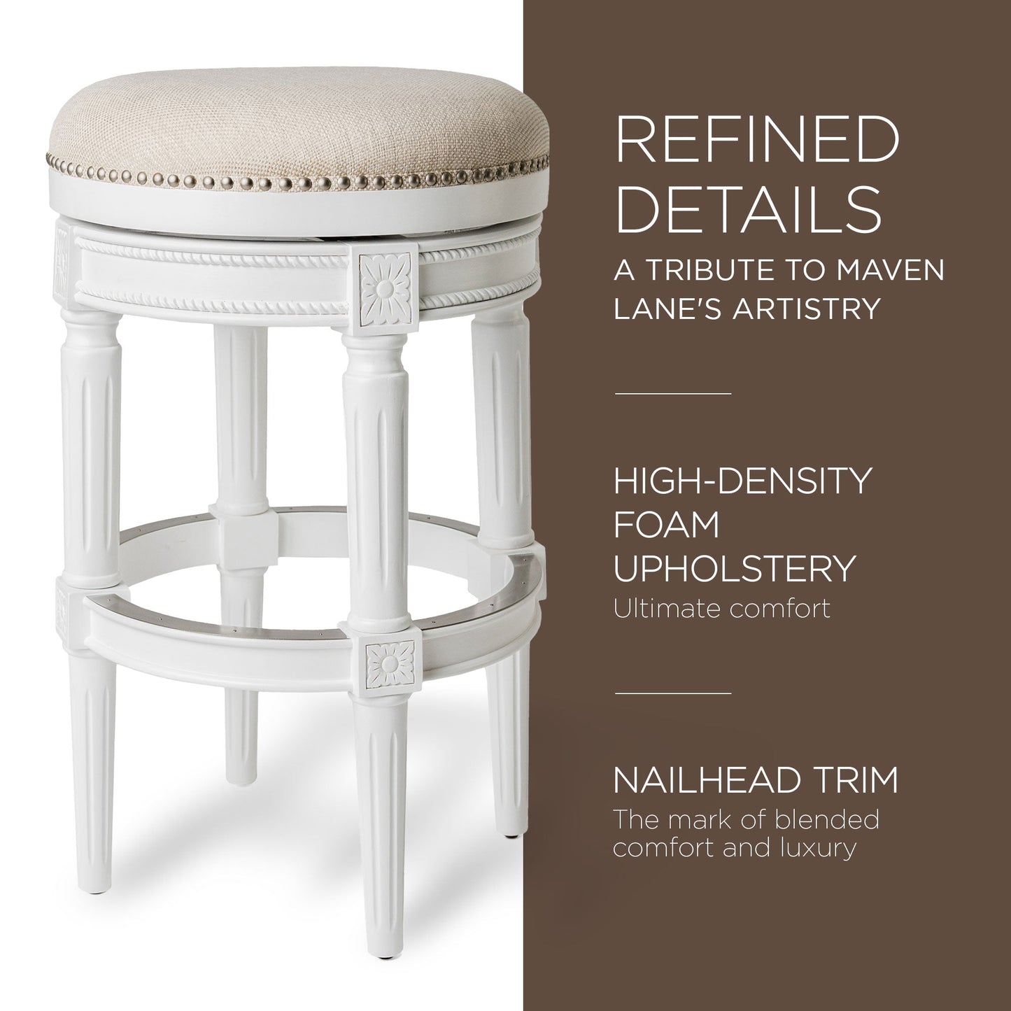 Maven Lane Pullman Backless Bar Stool in Alabaster White Finish w/ Cream Fabric Upholstery