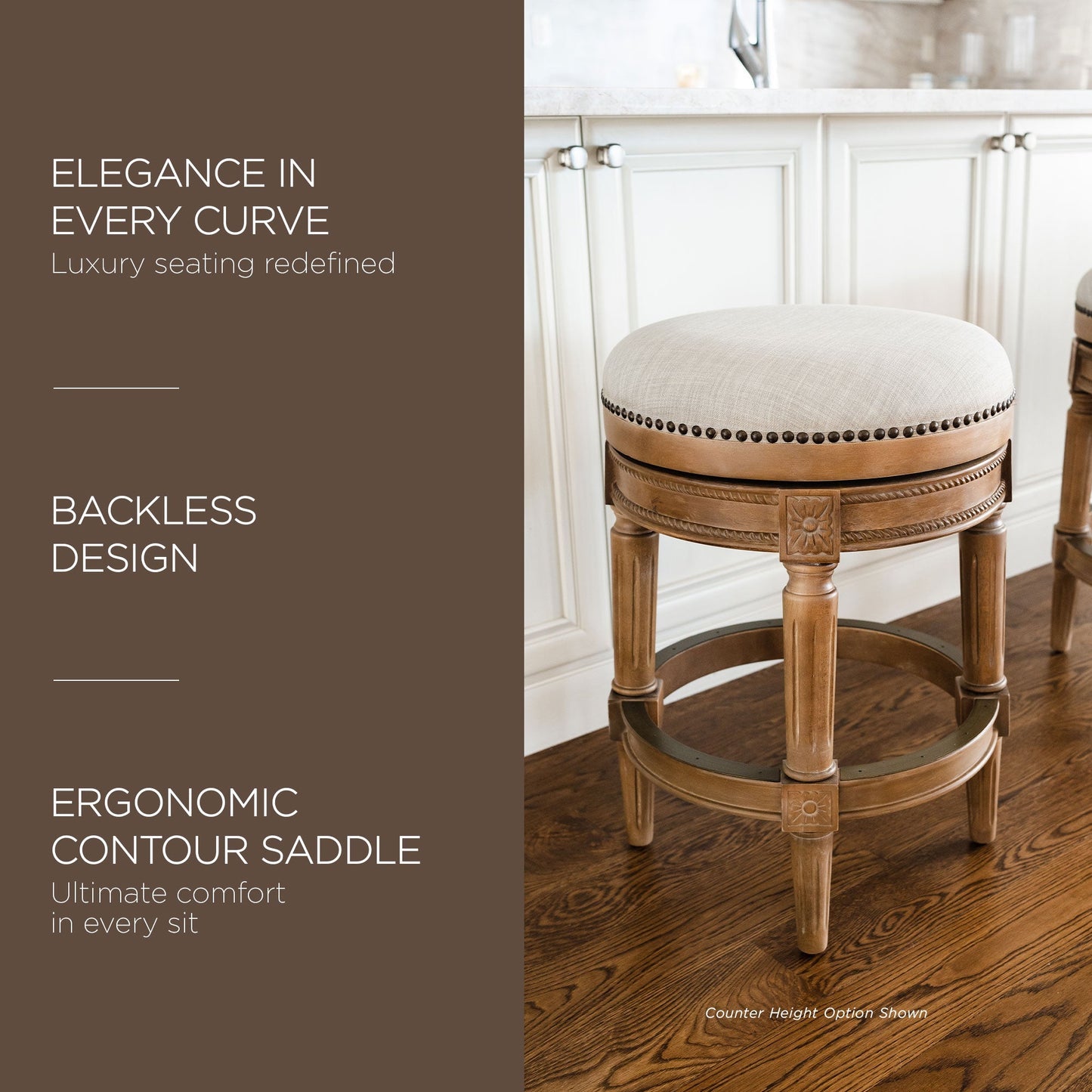 Maven Lane Pullman Backless Bar Stool in Weathered Oak Finish w/ Sand Color Fabric Upholstery