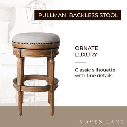 Maven Lane Pullman Backless Bar Stool in Weathered Oak Finish w/ Sand Color Fabric Upholstery, Set of 4