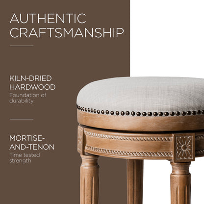 Maven Lane Pullman Backless Bar Stool in Weathered Oak Finish w/ Sand Color Fabric Upholstery