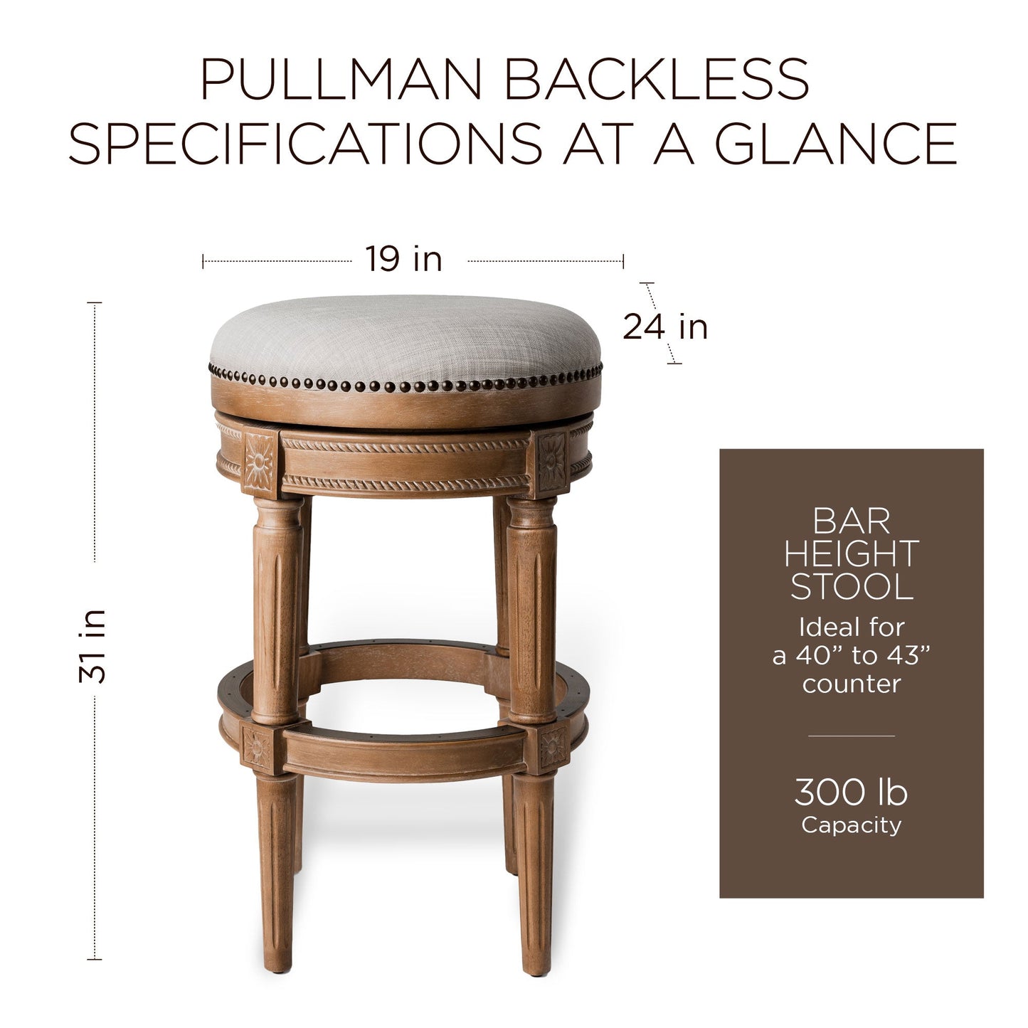 Maven Lane Pullman Backless Bar Stool in Weathered Oak Finish w/ Sand Color Fabric Upholstery