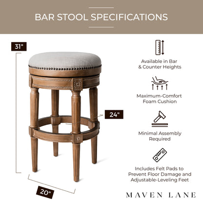 Maven Lane Pullman Backless Bar Stool in Weathered Oak Finish w/ Sand Color Fabric Upholstery, Set of 4