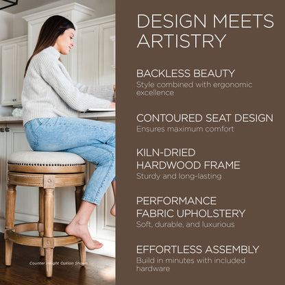 Maven Lane Pullman Backless Bar Stool in Weathered Oak Finish w/ Sand Color Fabric Upholstery