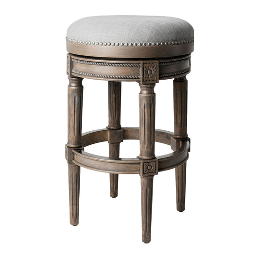 Maven Lane Pullman Backless Bar Stool in Reclaimed Oak Finish w/ Ash Grey Fabric Upholstery