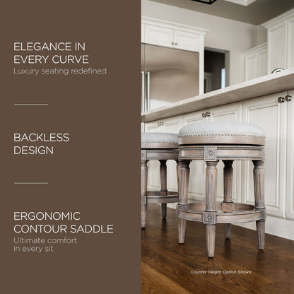 Maven Lane Pullman Backless Bar Stool in Reclaimed Oak Finish w/ Ash Grey Fabric Upholstery