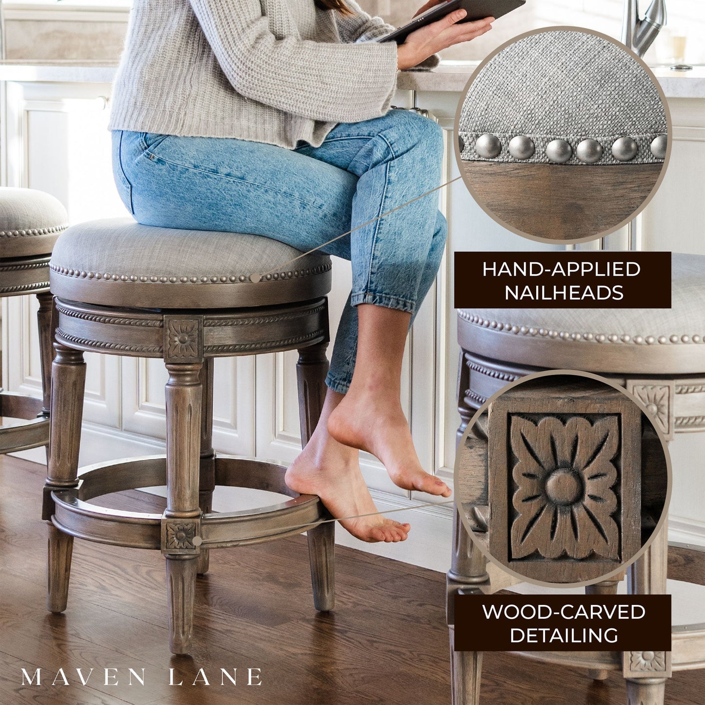 Maven Lane Pullman Backless Bar Stool in Reclaimed Oak Finish w/ Ash Grey Fabric Upholstery, Set of 4