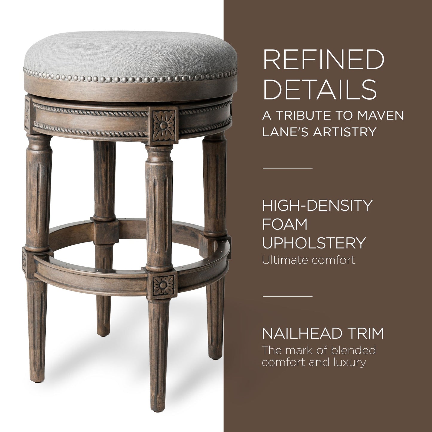 Maven Lane Pullman Backless Bar Stool in Reclaimed Oak Finish w/ Ash Grey Fabric Upholstery