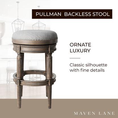 Maven Lane Pullman Backless Bar Stool in Reclaimed Oak Finish w/ Ash Grey Fabric Upholstery, Set of 4