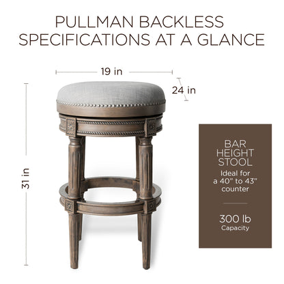 Maven Lane Pullman Backless Bar Stool in Reclaimed Oak Finish w/ Ash Grey Fabric Upholstery