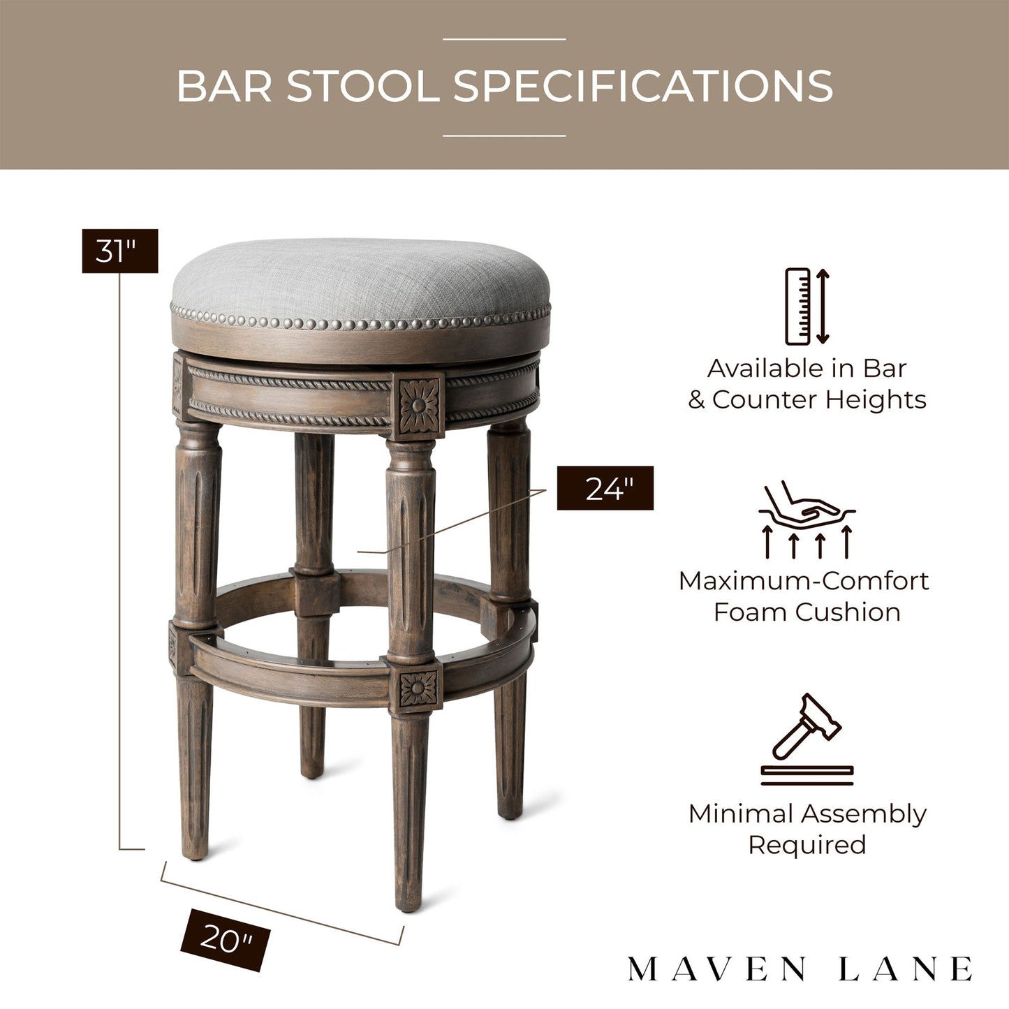 Maven Lane Pullman Backless Bar Stool in Reclaimed Oak Finish w/ Ash Grey Fabric Upholstery, Set of 4