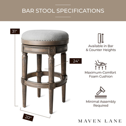 Maven Lane Pullman Backless Bar Stool in Reclaimed Oak Finish w/ Ash Grey Fabric Upholstery, Set of 4