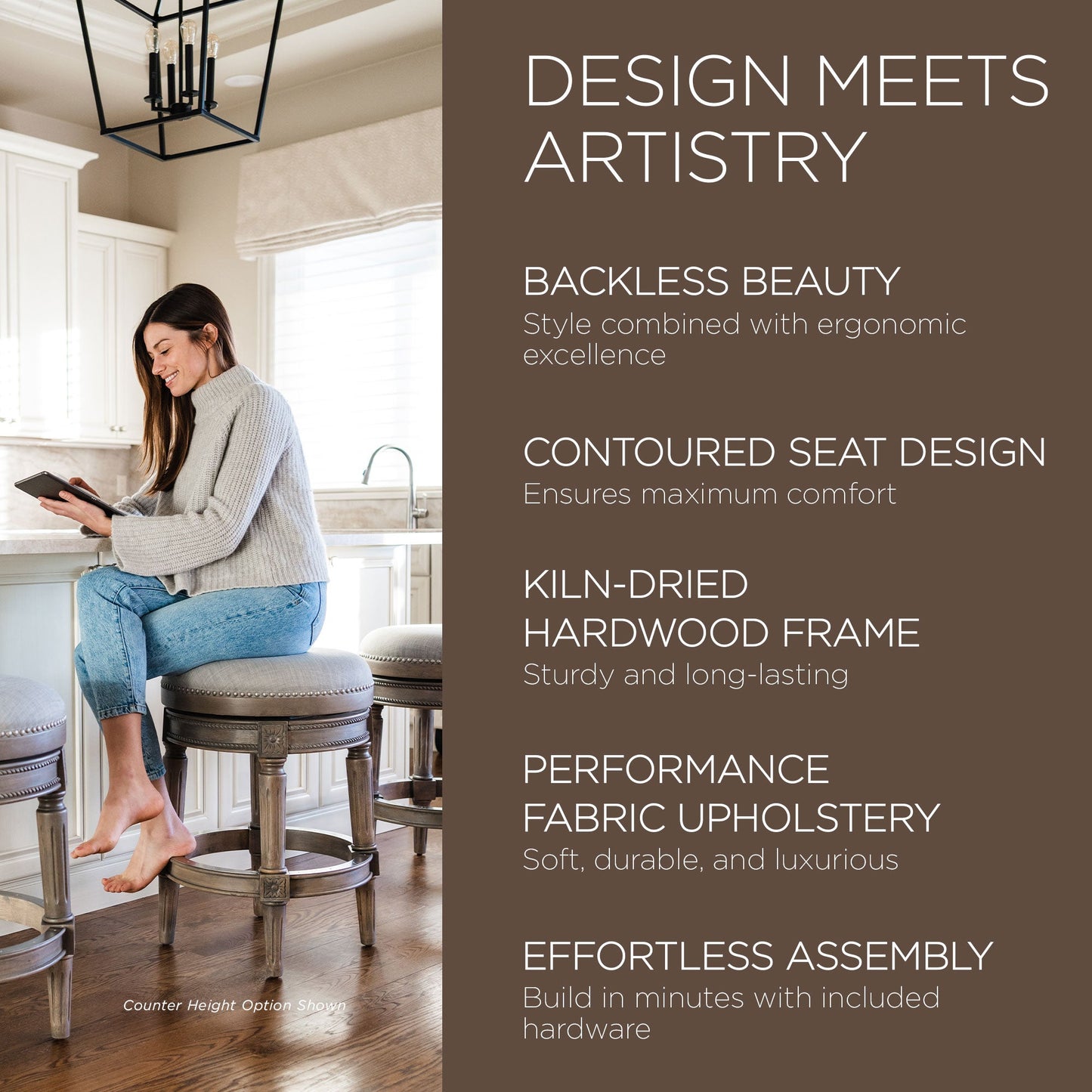 Maven Lane Pullman Backless Bar Stool in Reclaimed Oak Finish w/ Ash Grey Fabric Upholstery