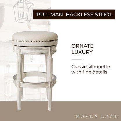Maven Lane Pullman Backless Bar Stool in White Oak Finish w/ Natural Color Fabric Upholstery, Set of 3