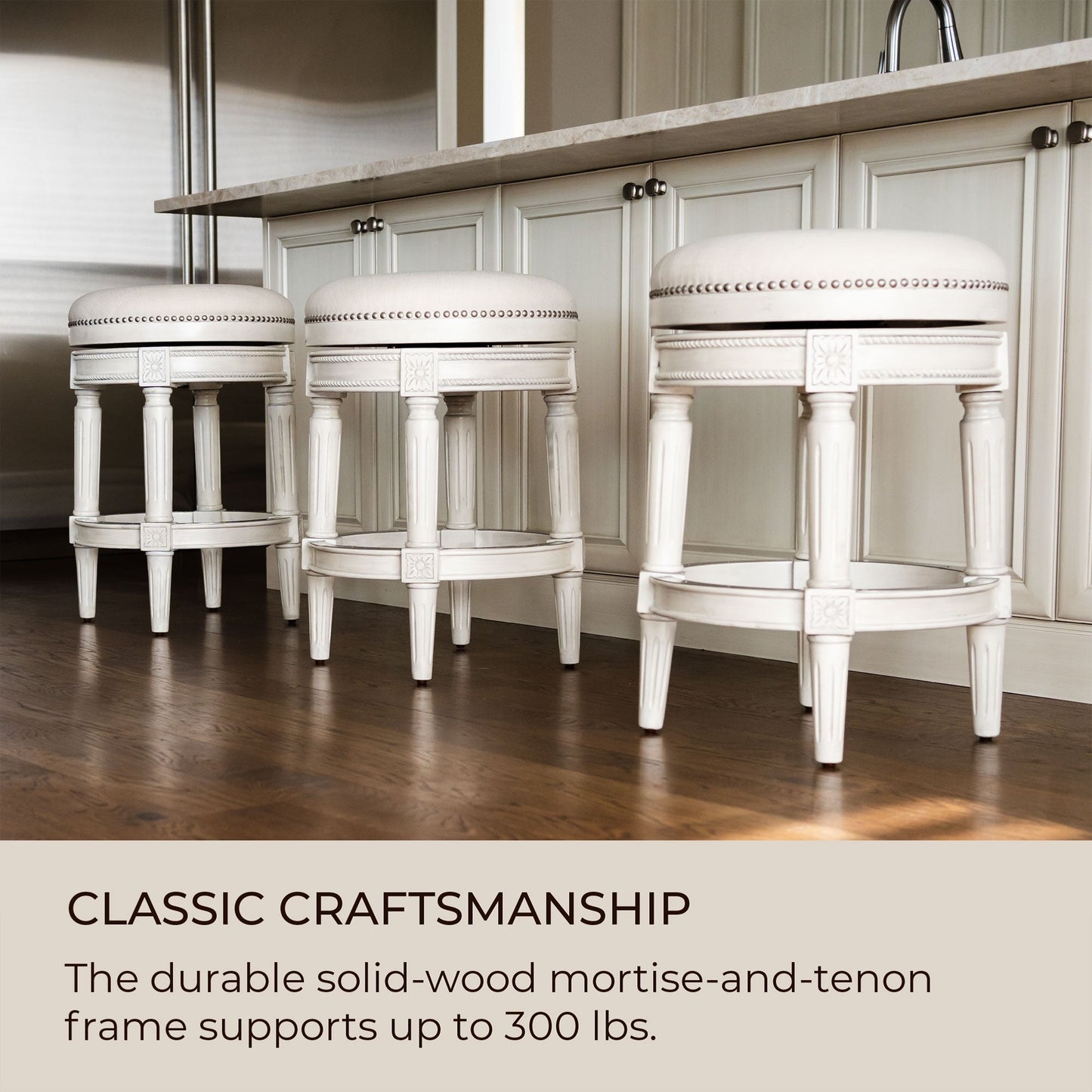 Maven Lane Pullman Backless Bar Stool in White Oak Finish w/ Natural Color Fabric Upholstery, Set of 3