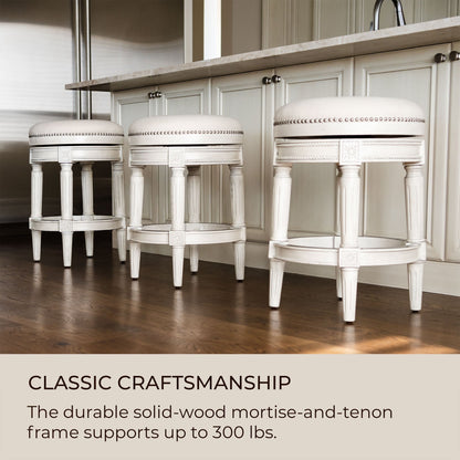 Maven Lane Pullman Backless Bar Stool in White Oak Finish w/ Natural Color Fabric Upholstery, Set of 3