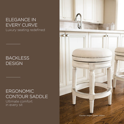 Maven Lane Pullman Backless Bar Stool in White Oak Finish w/ Natural Color Fabric Upholstery