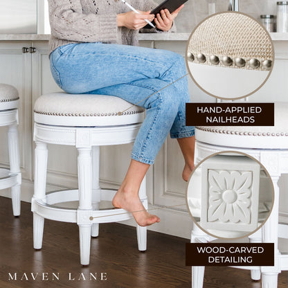 Maven Lane Pullman Backless Counter Stool in Alabaster White Finish with Cream Fabric Upholstery, Set of 3