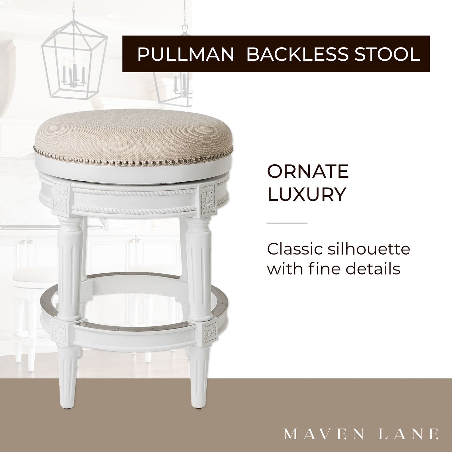 Maven Lane Pullman Backless Counter Stool in Alabaster White Finish with Cream Fabric Upholstery, Set of 4