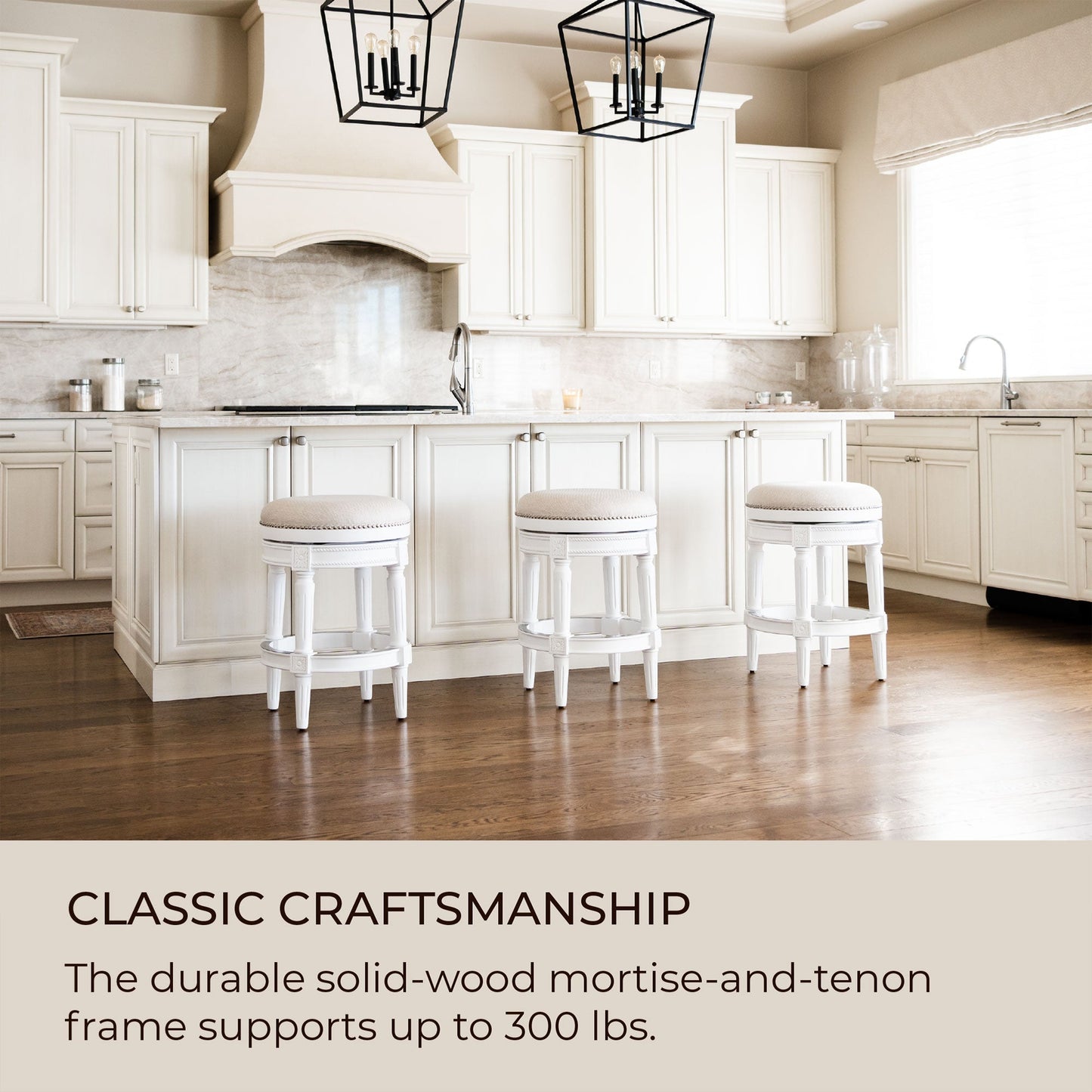 Maven Lane Pullman Backless Counter Stool in Alabaster White Finish with Cream Fabric Upholstery, Set of 2